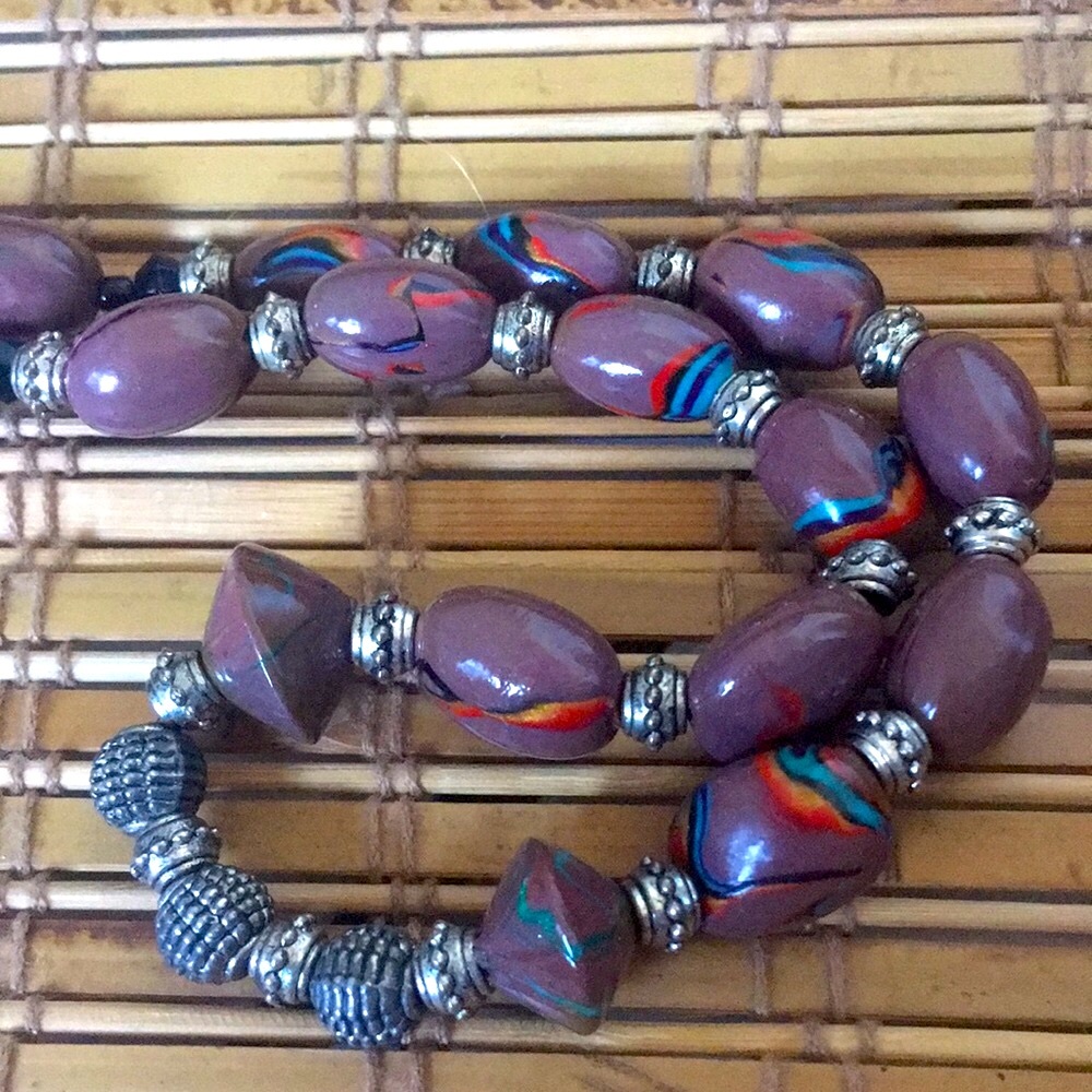 Purple Black Painted Swirl Vintage Bead Necklace Boho